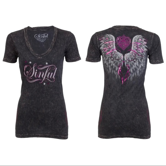 Sinful By Affliction Women's T-shirt Finch Biker Tattoo - Picture 1 of 8
